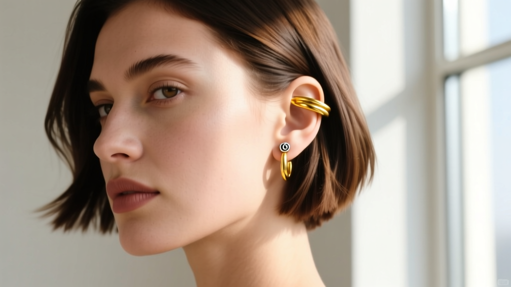Ear stack with a 14k yellow gold ear cuff and 16-gauge seamless hoop on a model with a short asymmetric bob in natural daylight