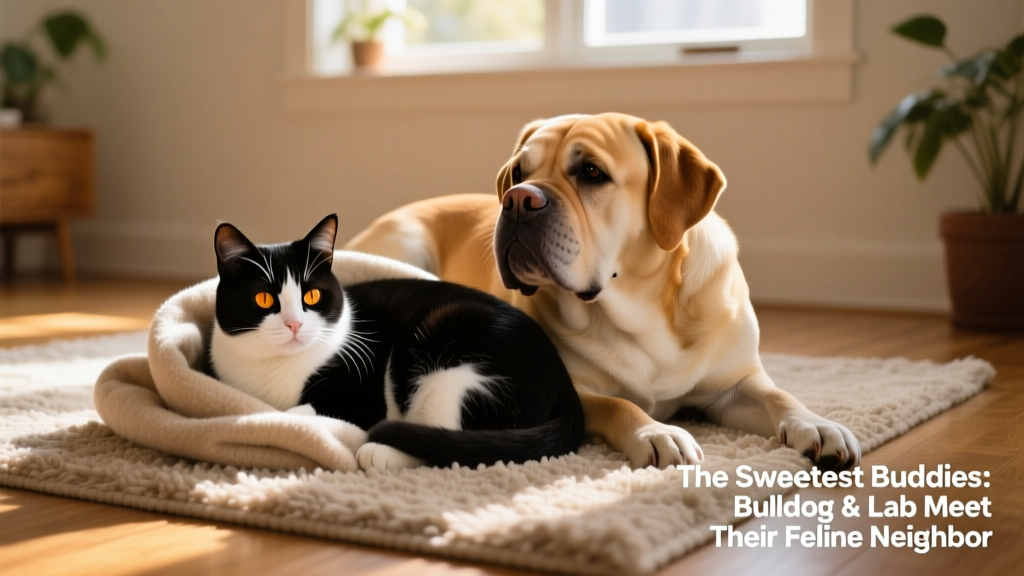 Oliver the cat curled up between the Bulldog and Labrador on a cozy rug indoors