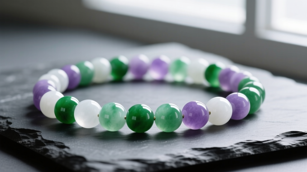 Close-up of a multi colored jade bead necklace with vibrant green, lavender, and white jadeite spheres resting on dark slate.