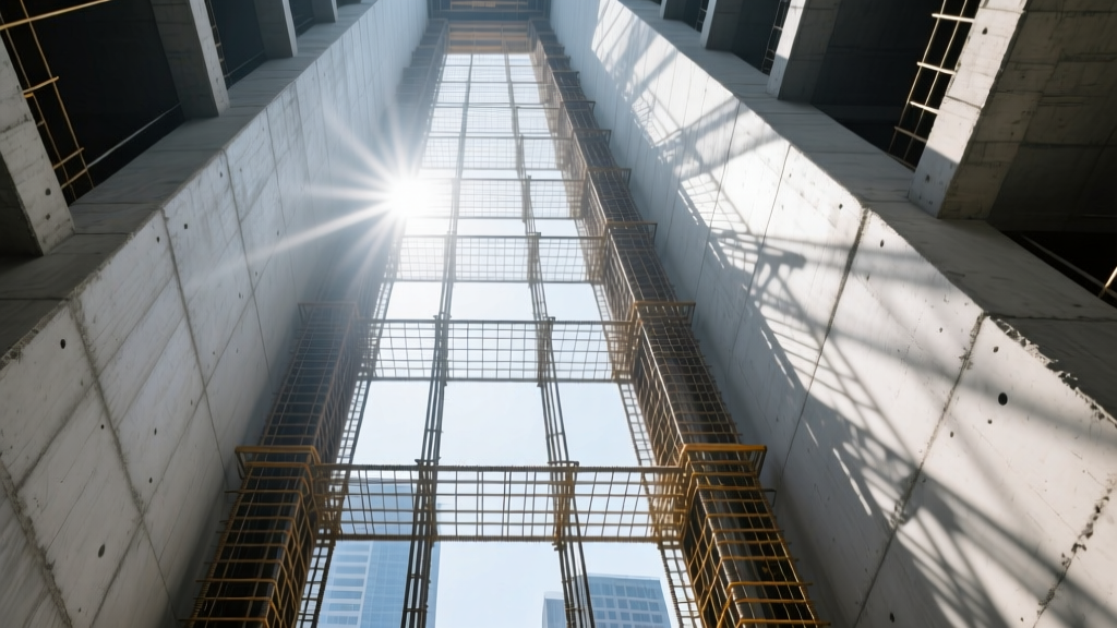 High-rise concrete elevator shaft core poured with self-consolidating concrete, showing dense steel rebar grids in bright daylight