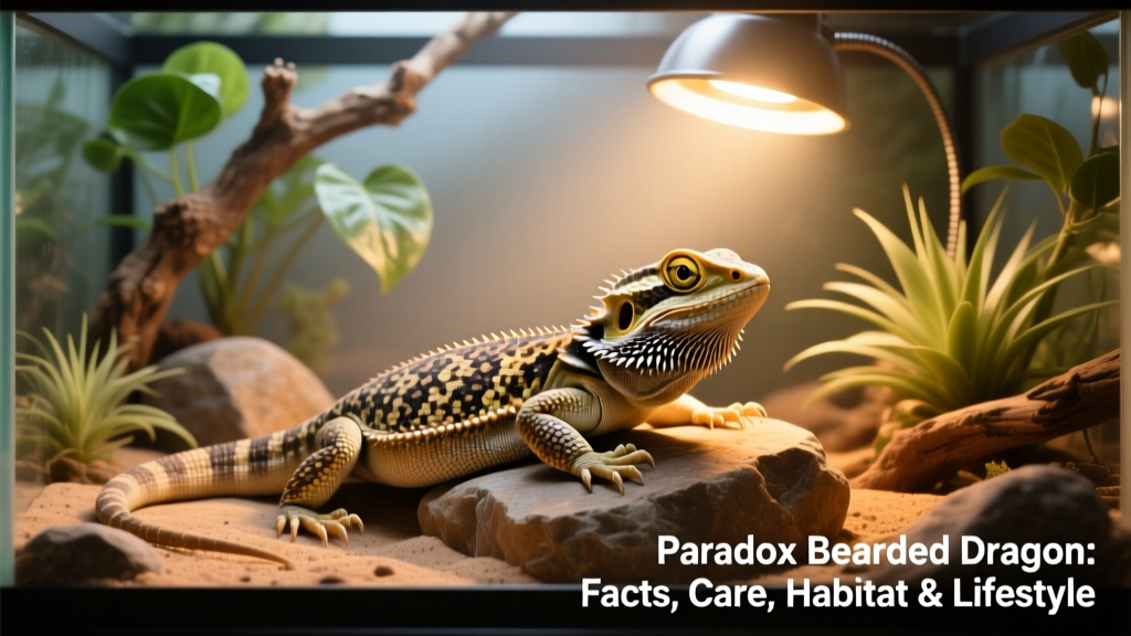 Paradox Bearded Dragon basking under a heat lamp in a well-furnished 75-gallon enclosure with rocks and live plants