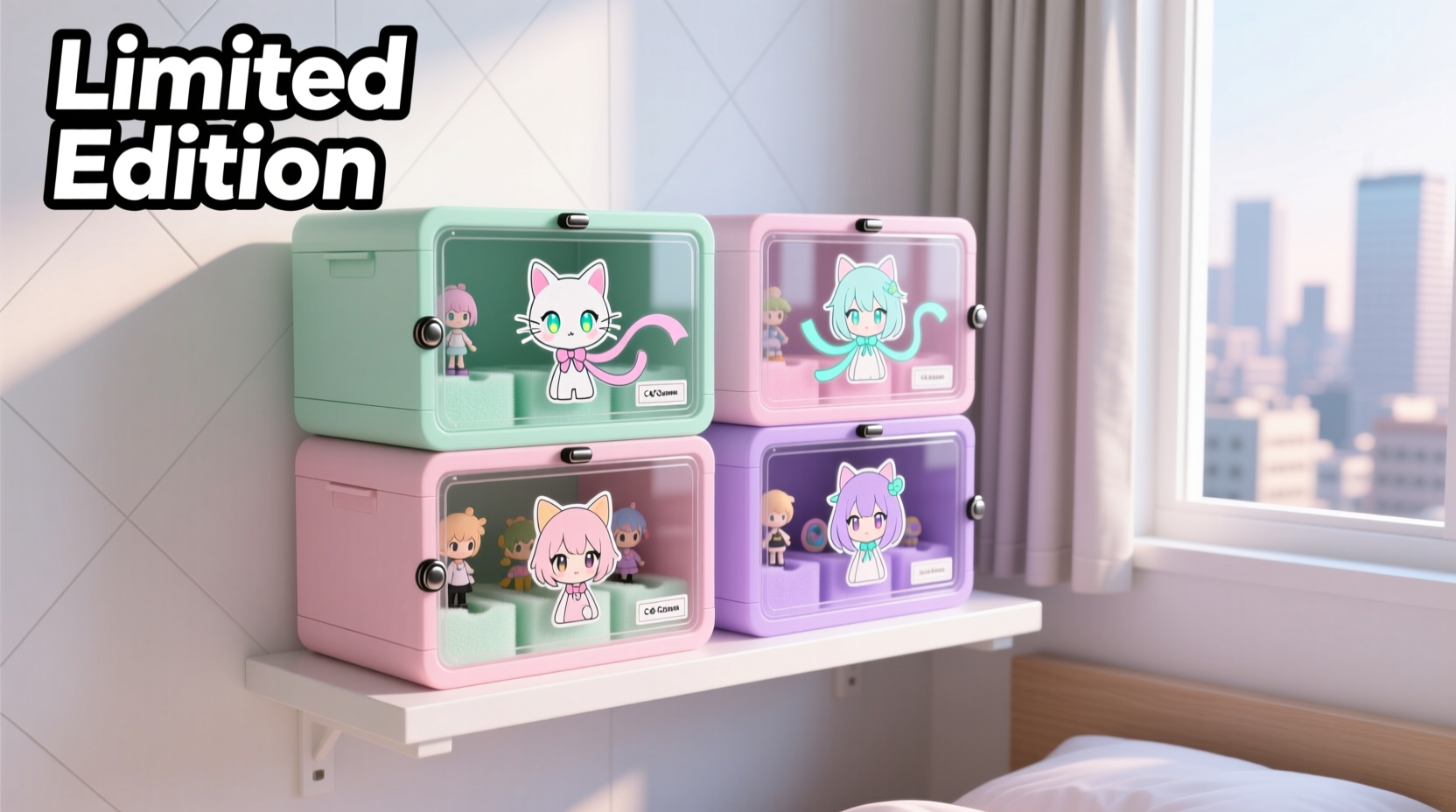 anime merch storage boxes that double as display cases for limited space
