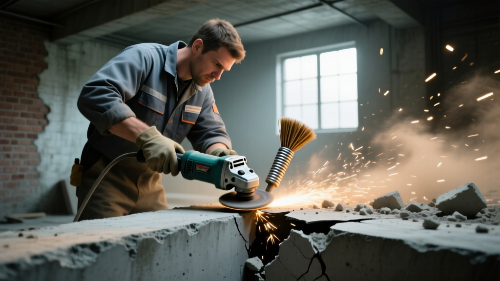 Technician using a knotted wire cup brush on an angle grinder to clean a diagonal concrete foundation crack in a dim basement