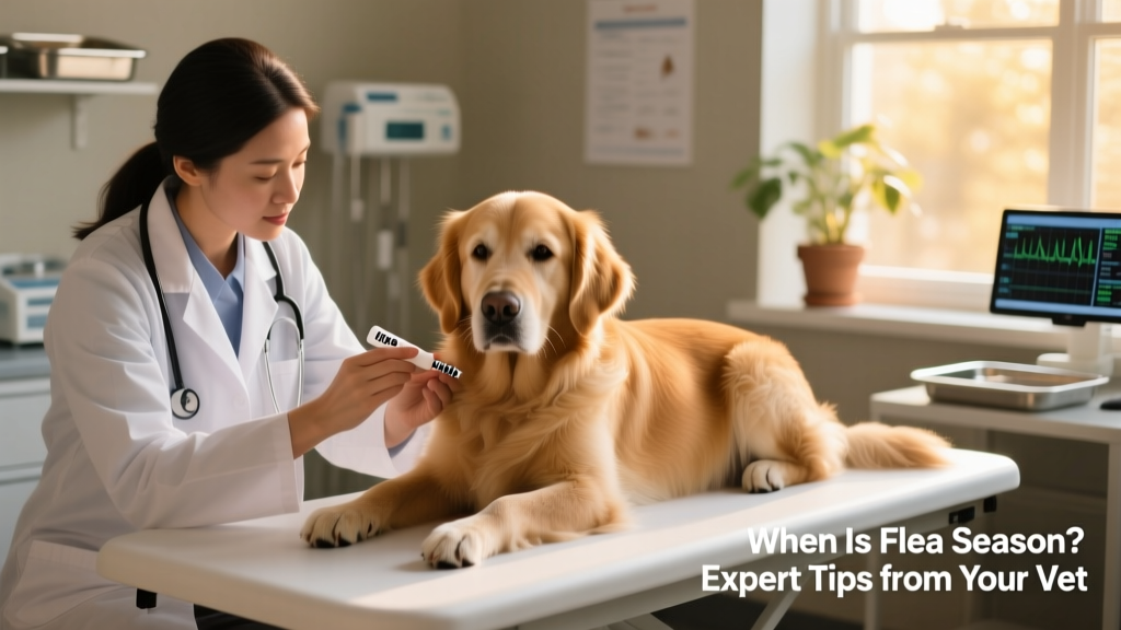 Veterinarian applying a topical flea treatment to a calm dog during a clinic visit