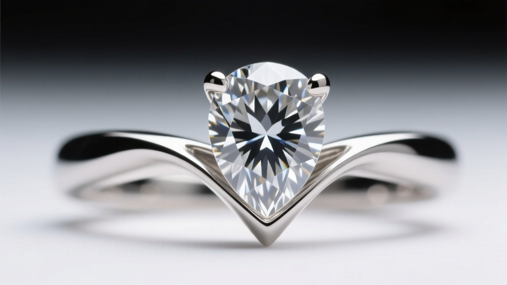 Macro view of a platinum V-prong setting securing a large pear diamond tip, showing metal folded precisely over the stone girdle.