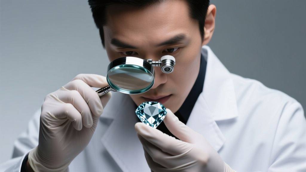 Jeweler using a 10x loupe to inspect a paste gemstone, revealing flat facet junctions and mold marks under bright studio light.