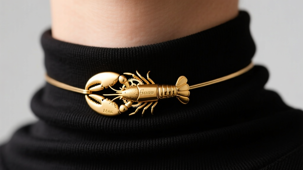 Macro shot of a secure 14k gold lobster clasp being fastened at the nape of a neck over a folded black cotton turtleneck collar