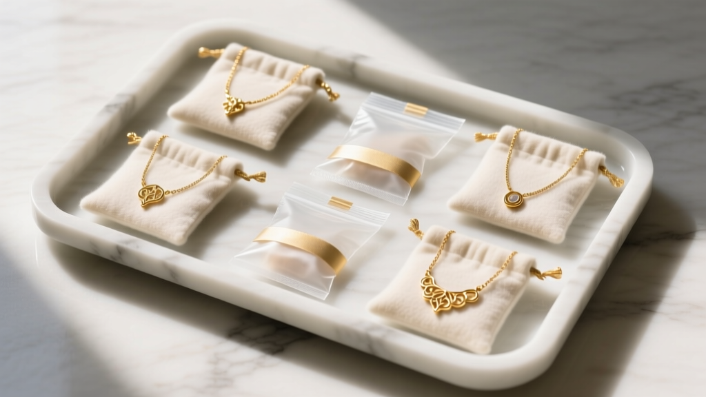 Overhead view of a jewelry tray with anti-tarnish strips, silica packets, and flannel pouches holding delicate gold necklaces