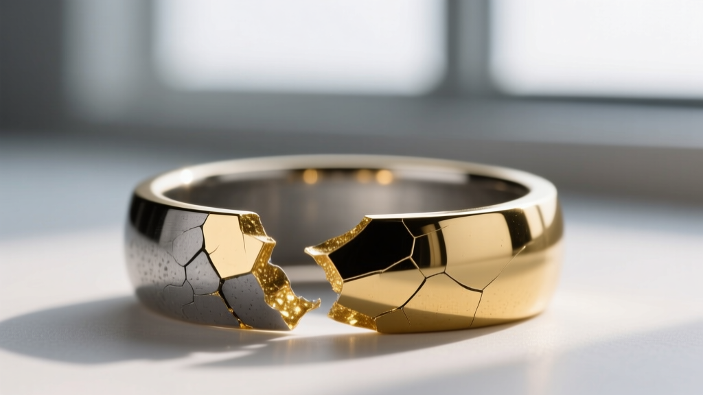 Macro shot of peeling gold flash-plating on a zinc alloy ring, revealing dull grey base metal, sharp focus on edges