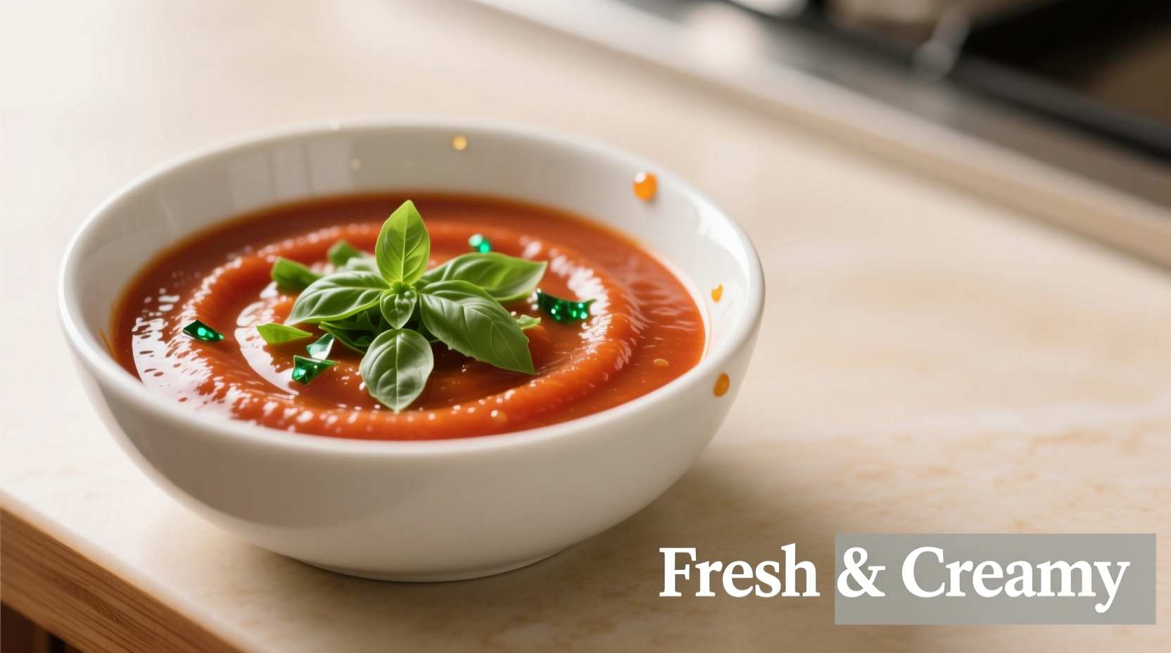 Creamy tomato basil sauce in white bowl