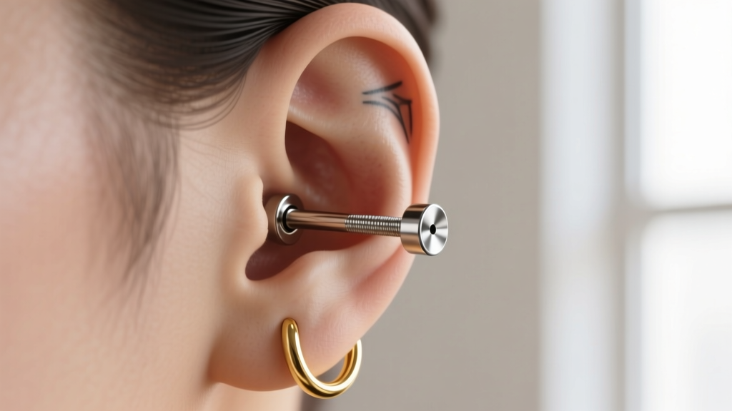 Close-up of a curated ear with an implant-grade titanium threadless helix stud and a seamless gold hoop in the lobe