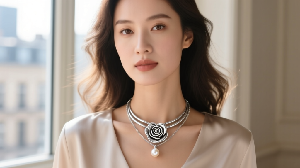 Woman wearing a layered sterling silver rose heart necklace and small pearl pendant, soft natural window light, blurred background.