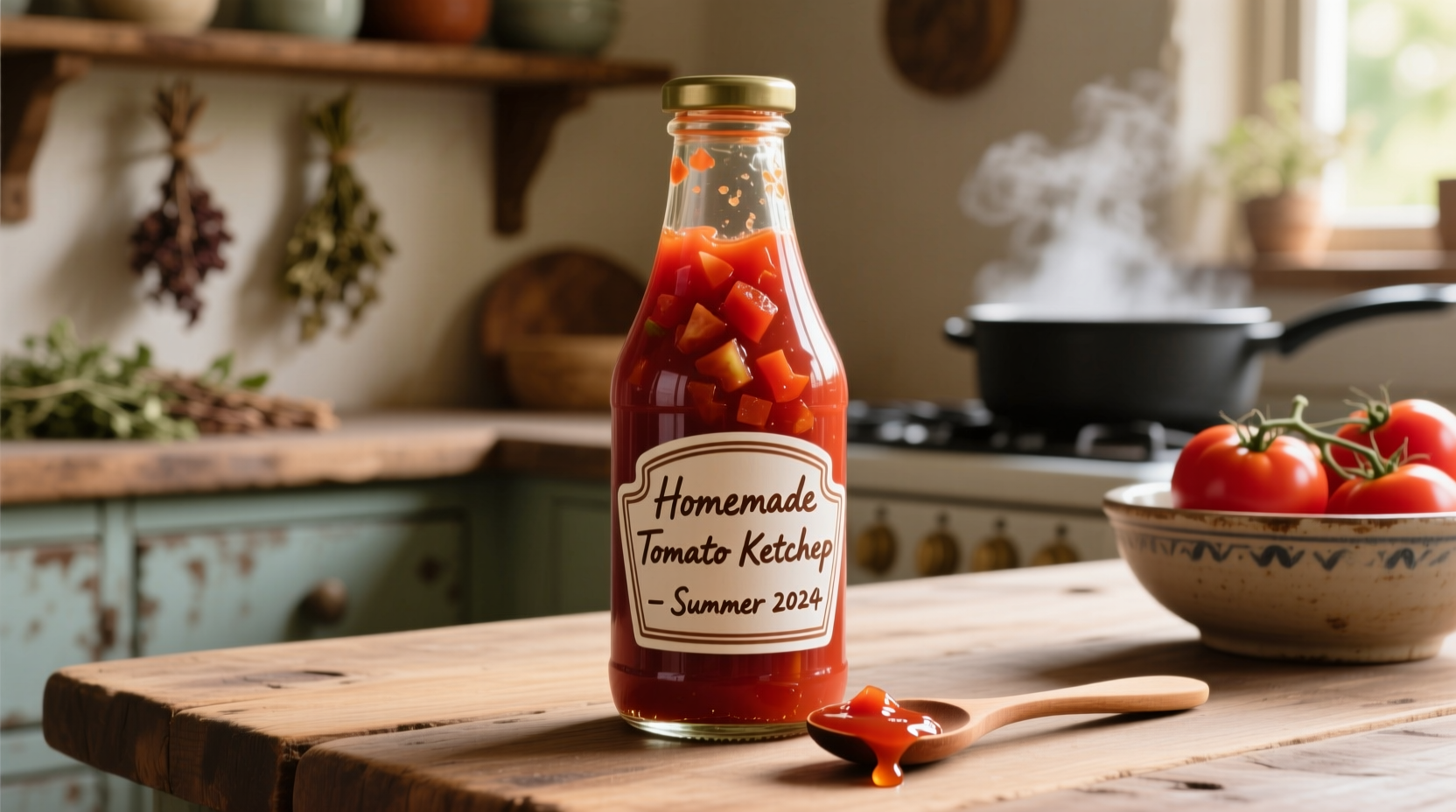 Homemade ketchup in glass bottle with tomatoes