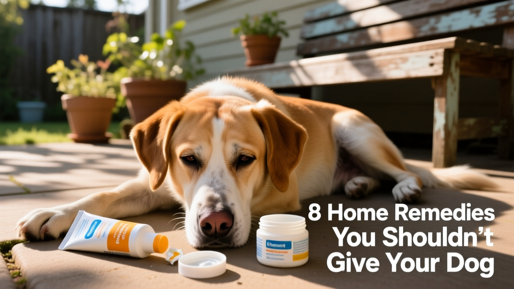 A dog with sunburned ears and nose, next to a tube of human sunscreen and a jar of diaper ointment—illustrating unsafe topical products