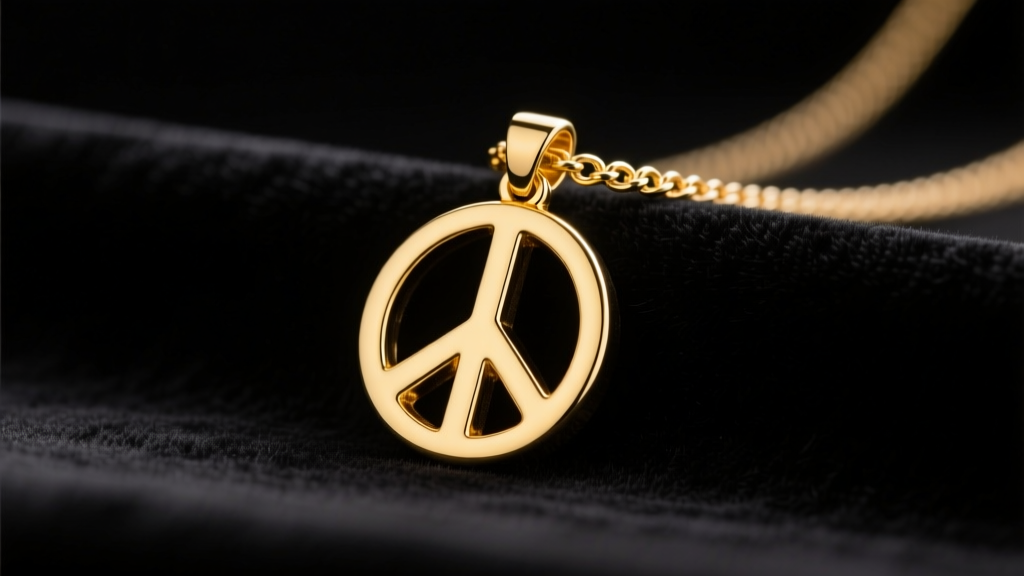 14k yellow gold peace sign pendant on dark velvet, showing polished finish and delicate cable chain under soft studio lighting.