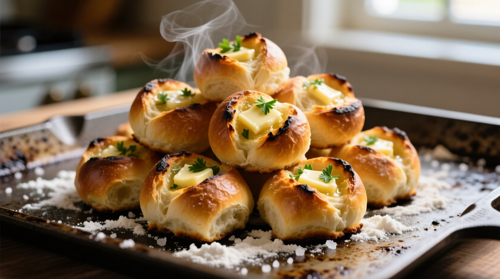 Golden brown garlic bread knots on baking sheet