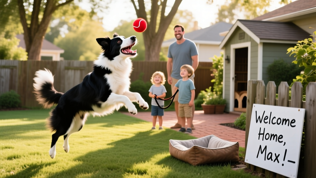 A happy Border Collie playing fetch in a fenced backyard with a new family