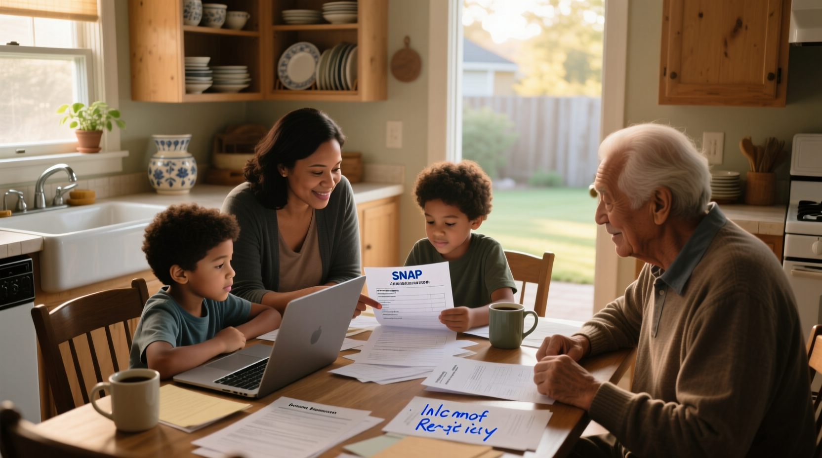 Family reviewing SNAP application documents at kitchen table