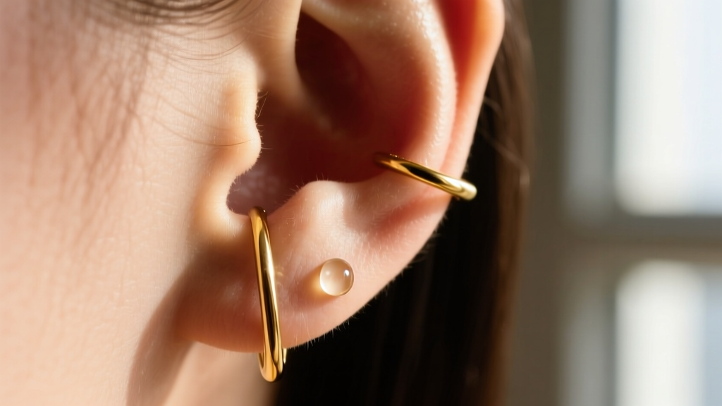 Macro photography of a stretched earlobe piercing showing the cheese-cutter effect with a thin gold hoop pulling downward softly