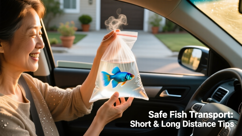 A person carefully holding a sealed plastic bag filled with water and a small tropical fish, preparing to carry it into a vehicle