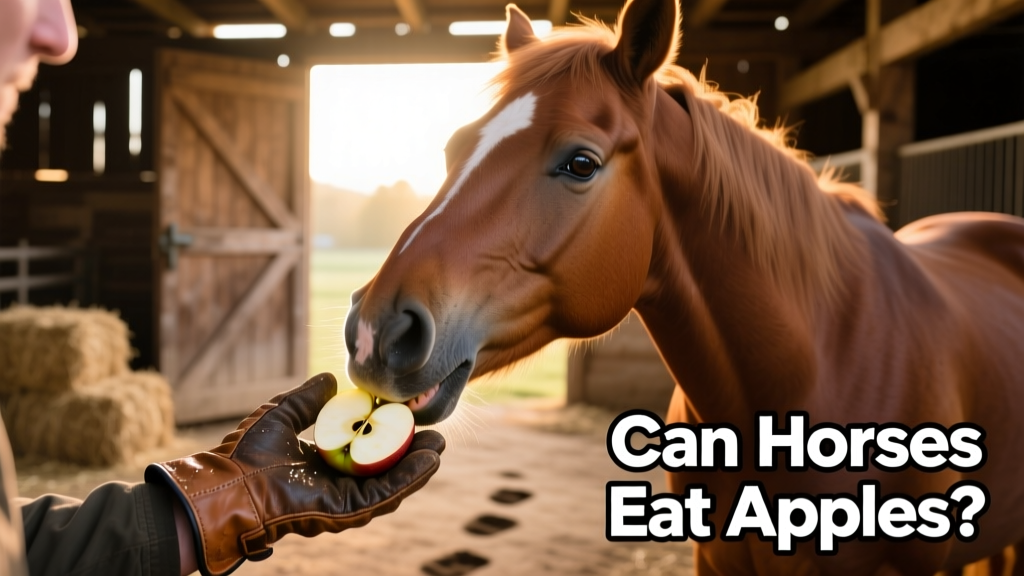 A horse gently accepting apple slices from a handler’s hand