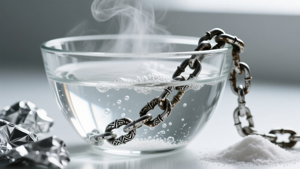 Glass bowl containing a tarnished silver chain submerged in hot water with aluminum foil and baking soda during the cleaning process