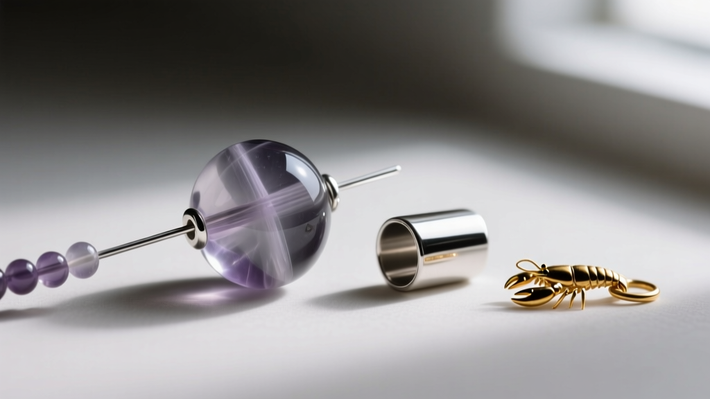 Close-up of beading wire passing through a smoky quartz bead next to a sterling silver crimp tube and a small gold lobster clasp.