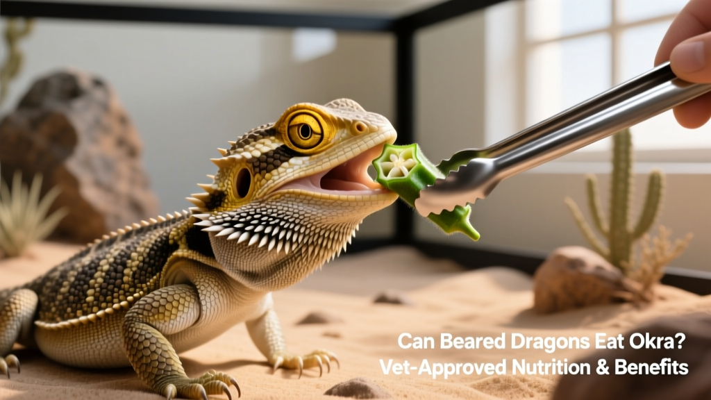 Bearded dragon eating a small piece of steamed okra from feeding tongs, with clean habitat background