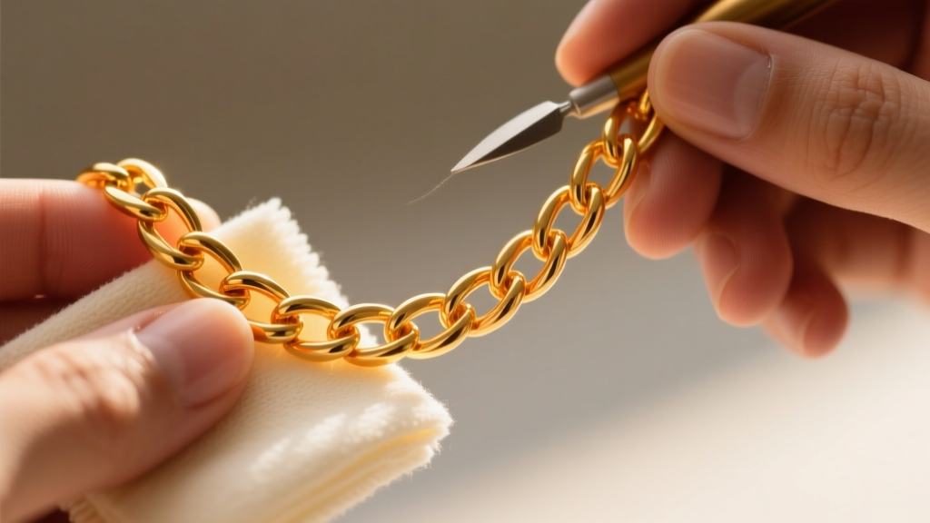 Close-up of hands polishing a 24-karat pure gold chain necklace with a soft cloth, highlighting the warm orange-yellow reflection