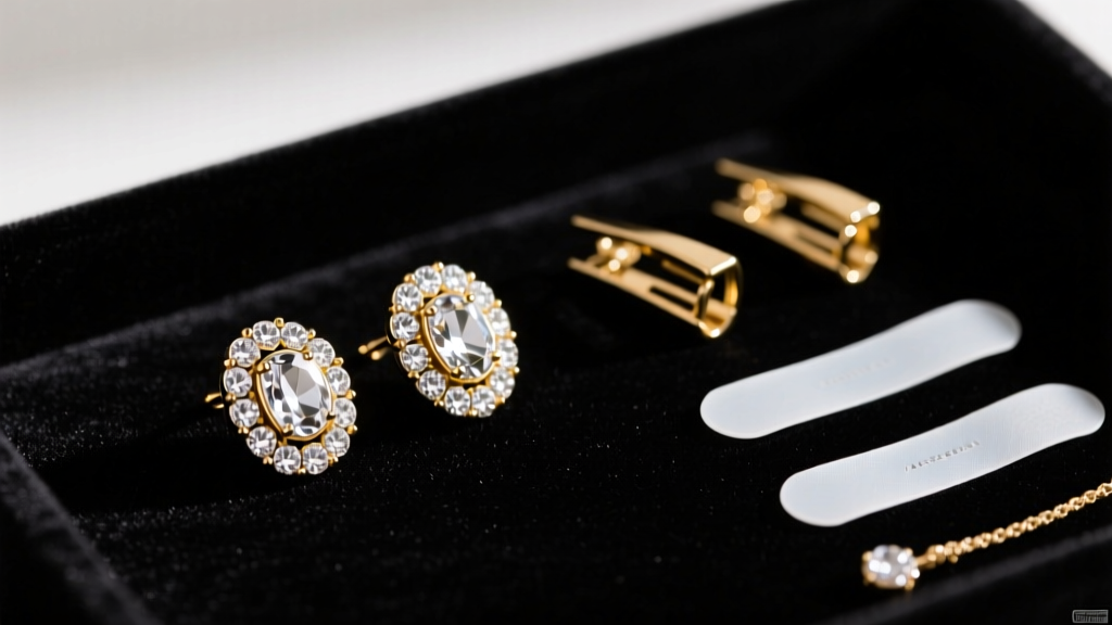 Vintage rhinestone clip-on earrings resting on dark velvet next to modern gold earring conversion kits and jewelry adhesive.