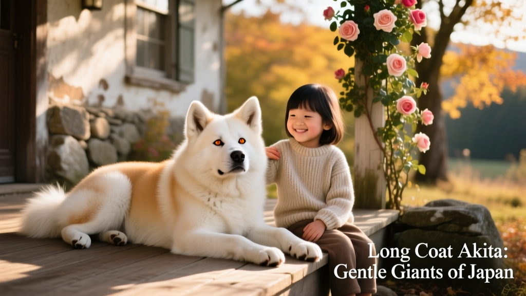 A long coat Akita resting peacefully beside a child, highlighting its calm temperament and family-friendly nature