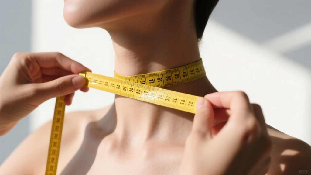 Hands using a soft yellow measuring tape around a neck to determine exact choker length, bright natural daylight, focus on tape