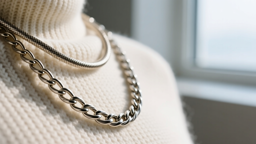 A 0.8mm snake chain catching on knit fabric next to a smooth 1.5mm cable chain gliding easily over the exact same woven material