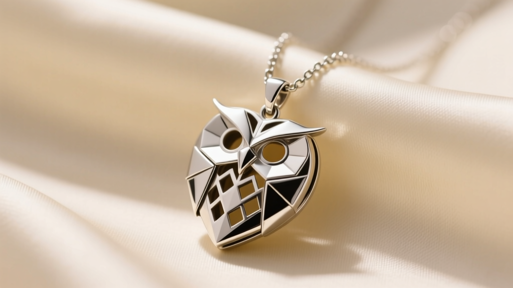 Silver-plated Origami Owl heart locket necklace on cream silk, showing geometric owl cutouts under soft, warm studio lighting.