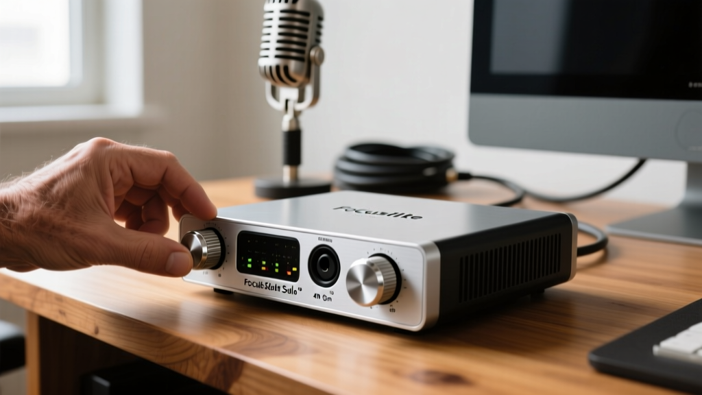 Close-up of a producer adjusting the gain knob on a silver Focusrite Scarlett Solo 4th Gen audio interface on a wooden desk