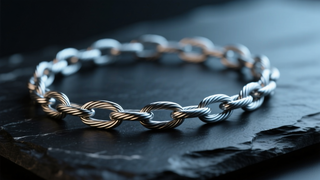 Macro shot of thin titanium cable chain on dark slate, highlighting lightweight links under soft studio lighting