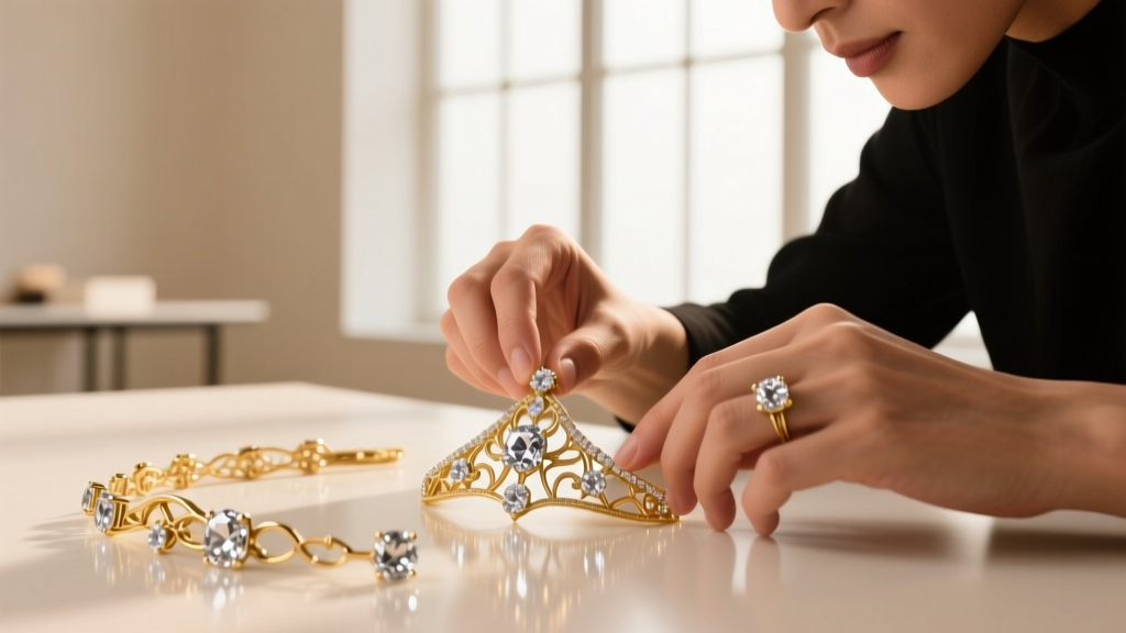 Jeweler's hands using flat-nose pliers to secure a 3mm sterling silver crimp bead over 49-strand stainless steel beading wire.