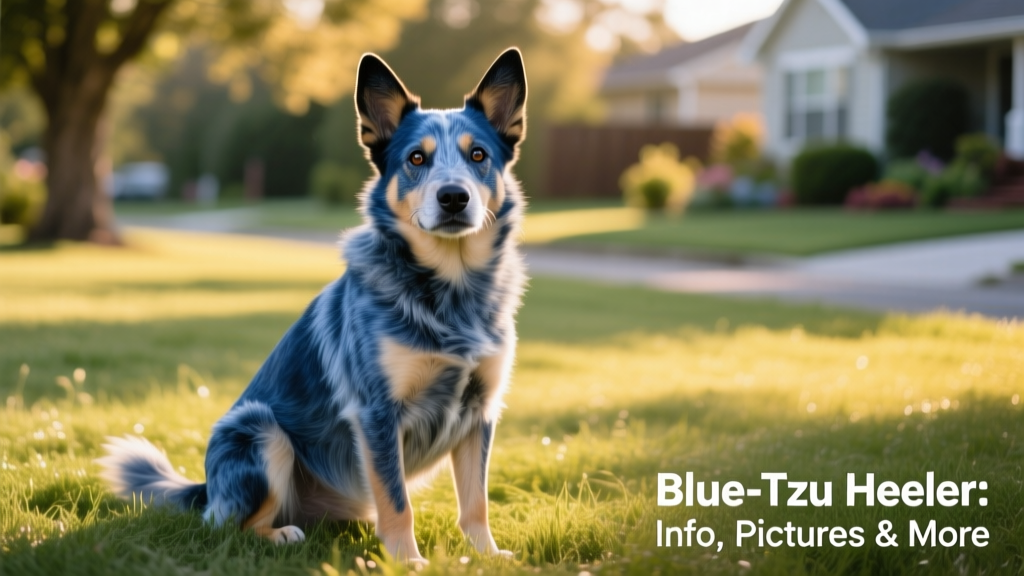 A friendly Blue-Tzu Heeler sitting calmly on grass, showing its mixed features—medium-length coat, alert ears, and expressive eyes