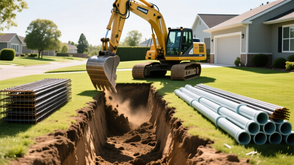 Excavator digging a large rectangular hole in a sunny suburban backyard with stacked rebar and PVC plumbing pipes waiting for gunite application.
