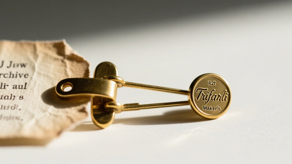 Back of a J Crew archive brooch showing a faded paper hangtag next to a stamped Trifari maker mark on the gold-tone brass clasp.