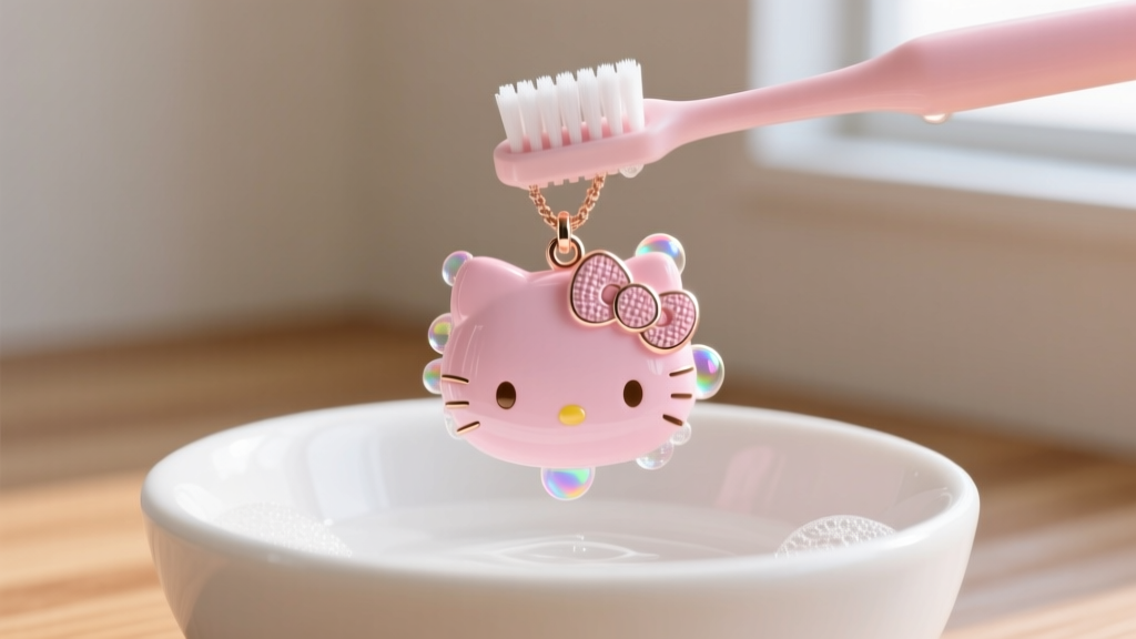 Soft baby toothbrush gently cleaning the intricate crevices of a Hello Kitty pendant with mild soapy water in a ceramic bowl.