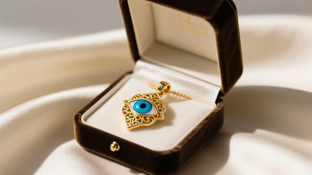 Velvet box revealing a 14k gold necklace hand of fatima pendant with a turquoise cabochon eye, resting on cream silk