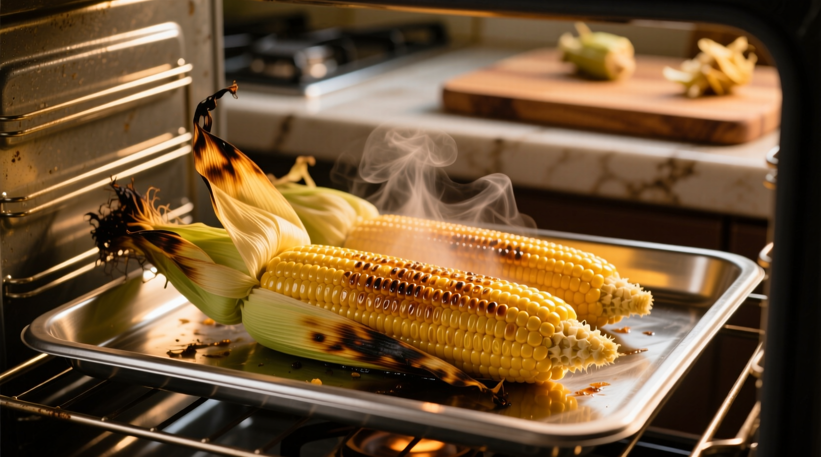 Fresh corn roasting in oven with golden kernels