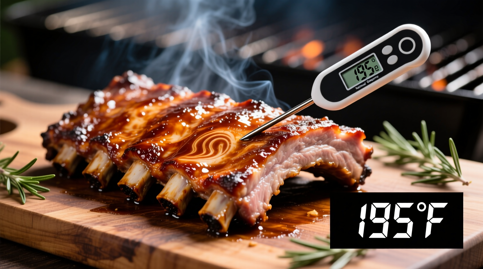 Perfectly cooked ribs showing internal temperature reading