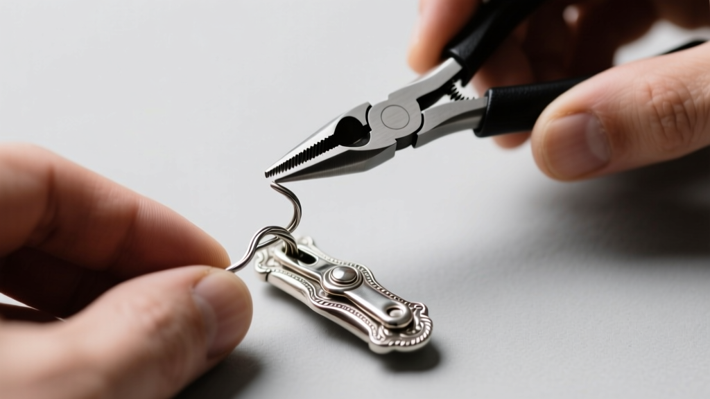 Hands using nylon pliers to reshape a bent wire safety catch on a vintage French silver push clasp under bright bench lighting.