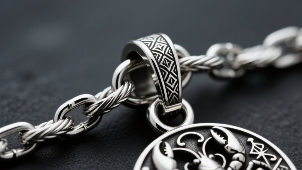 Macro shot of 2mm sterling silver cable chain connecting to heavy gothic medallion, focusing on a reinforced silver lobster clasp.