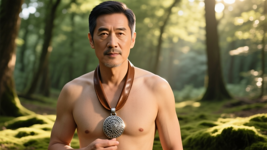 Man wearing a 22-inch brown leather necklace holding a heavy silver pendant, photographed in warm natural outdoor sunlight.