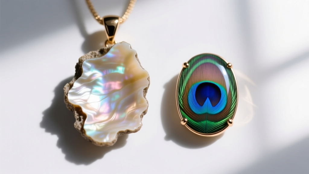 Macro photography comparing a raw-edge Pinctada maxima mother of pearl pendant with a highly polished traditional cabochon cut