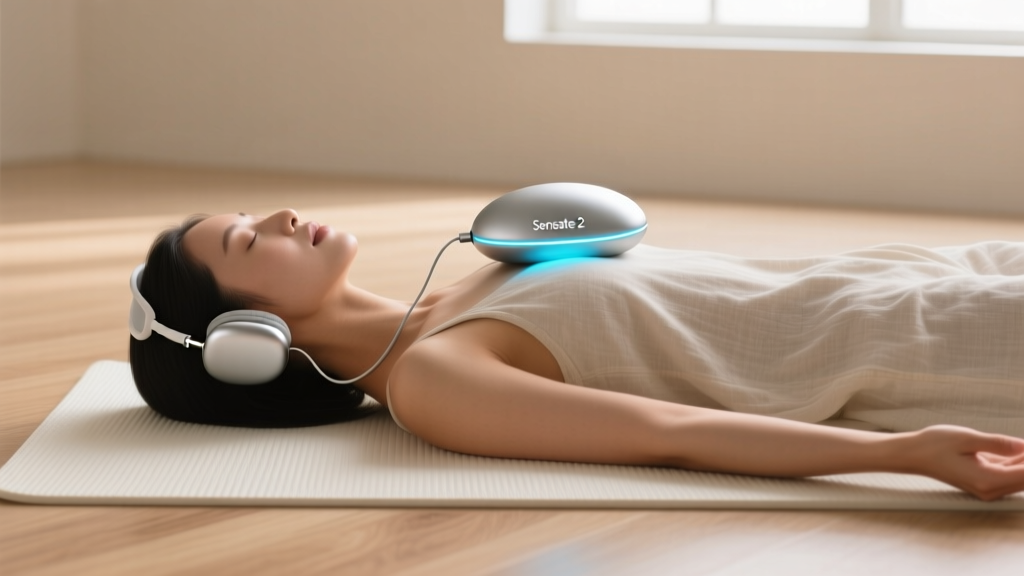 Sensate 2 pebble-shaped device resting on sternum of woman lying supine on yoga mat, wired headphones visible in soft natural light