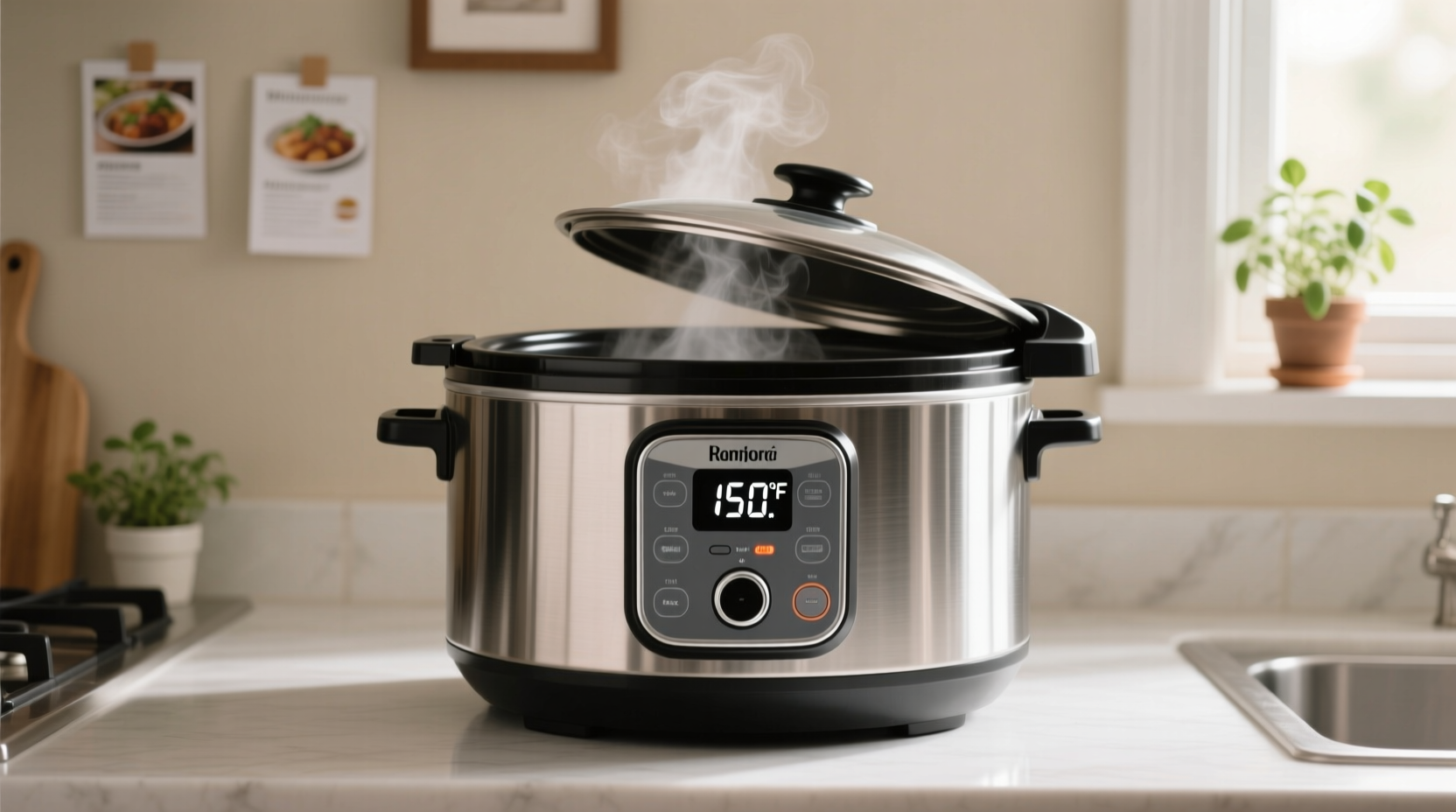 Slow cooker showing low setting temperature reading